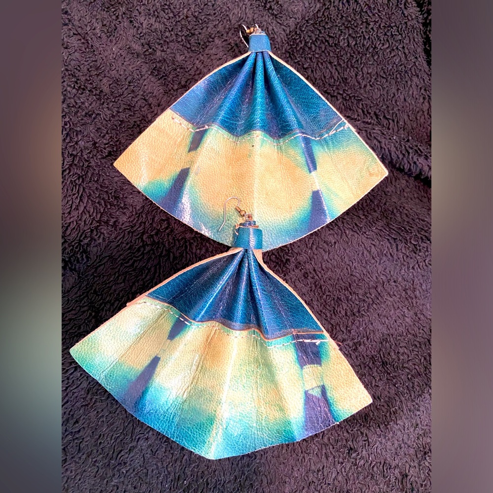 Vintage Blue Leather Fan Earrings